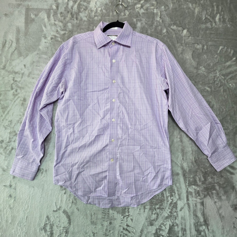 Lorenzo Uomo Mens Purple Plaid Trim Fit Non-Iron Cotton Dress Shirt 15.5 32-33
